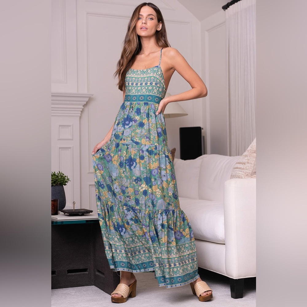 Lulus True Delights Green Multi Floral Print Tiered Maxi Dress